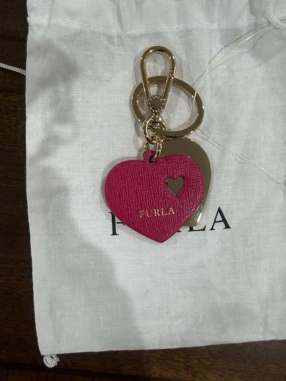 Furla Camelia Heart Keyring Bag Charm Pink and Gold and Dust Bag Designer Luxury